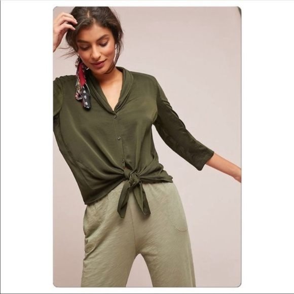 Anthropologie Tops - Saturday Sunday Olive Green Tie Front Silky Button Down Blouse